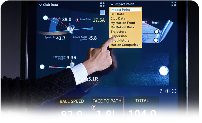 RangeX Touchscreen Kiosk displaying shot data at My Swing Studio