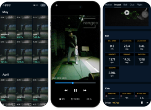 A smartphone displaying the RangeX mobile app, showing a golfer's swing replay video and session performance history.