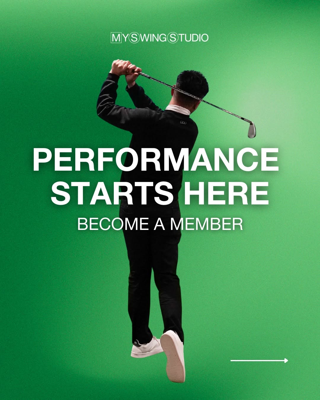 A golfer in mid-swing against a bright green background with the text "Performance Starts Here. Become a Member.