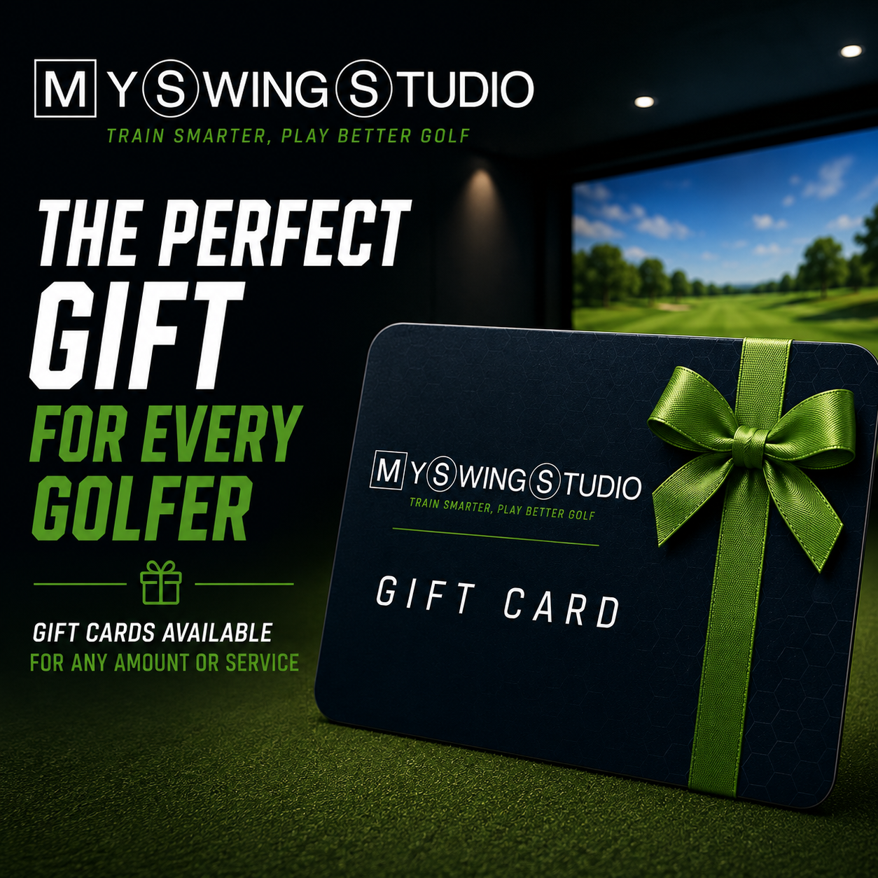 My Swing Studio gift card promo featuring a green-wrapped gift card against a dark indoor golf bay backdrop.