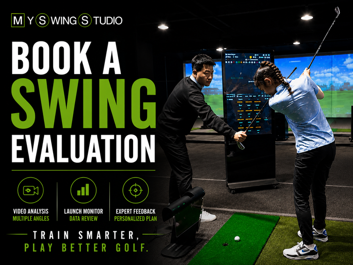 Book a Swing Evaluation at My Swing Studio. Image shows an instructor and student using an indoor golf simulator to analyze swing data.